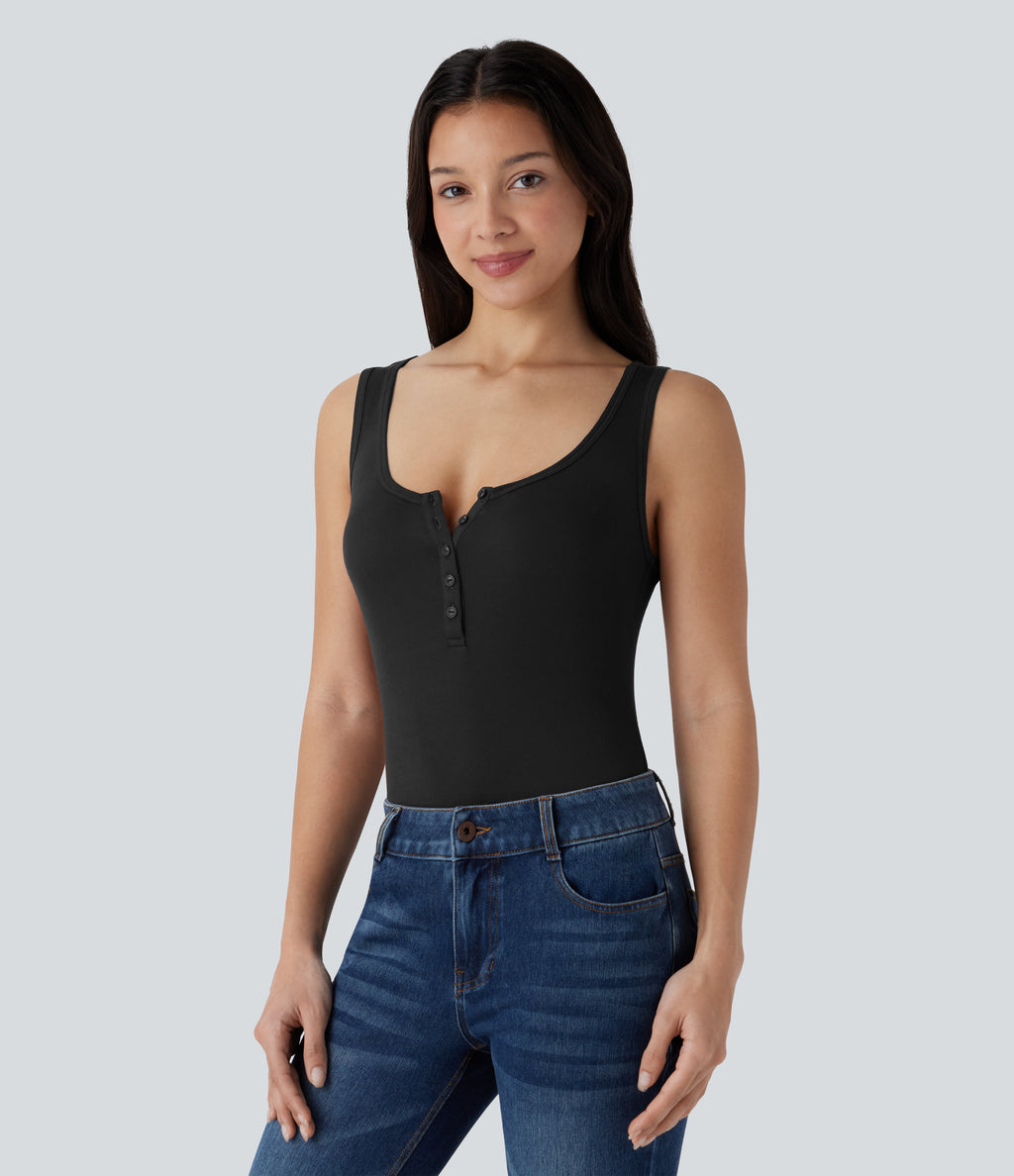 Ribbed Henley Neck Slim Casual Tank Vest Top — Black — view 3