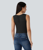 Ribbed Henley Neck Slim Casual Tank Vest Top — Black — view 2