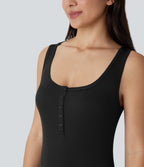 Ribbed Henley Neck Slim Casual Tank Vest Top — Black — view 4