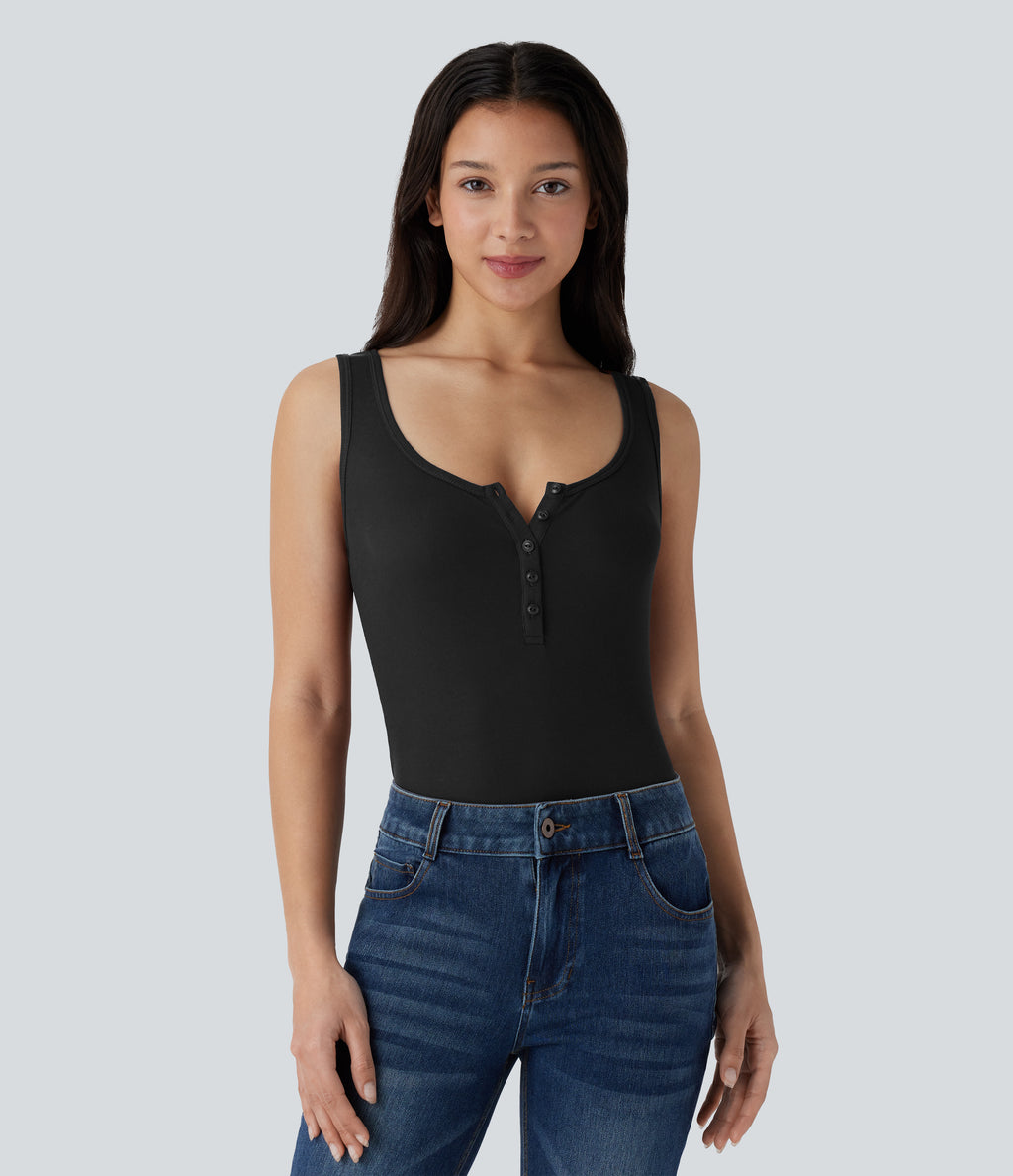 Ribbed Henley Neck Slim Casual Tank Vest Top — Black — view 1