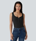 Ribbed Henley Neck Slim Casual Tank Vest Top — Black — view 1