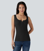 Ribbed Henley Neck Slim Casual Tank Vest Top — Black — view 5