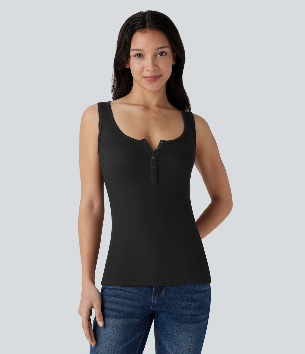 Ribbed Henley Neck Slim Casual Tank Vest Top — Black — view 5