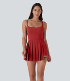 Pleated Adjustable Buckle 2-in-1 Side Pocket Micro Mini Quick Dry Casual Slip Dress — Pompeian Red — view 9