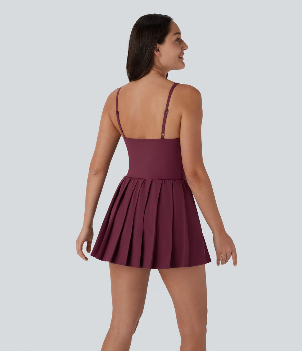 Pleated Adjustable Buckle 2-in-1 Side Pocket Micro Mini Quick Dry Casual Slip Dress — Amaranth — view 2