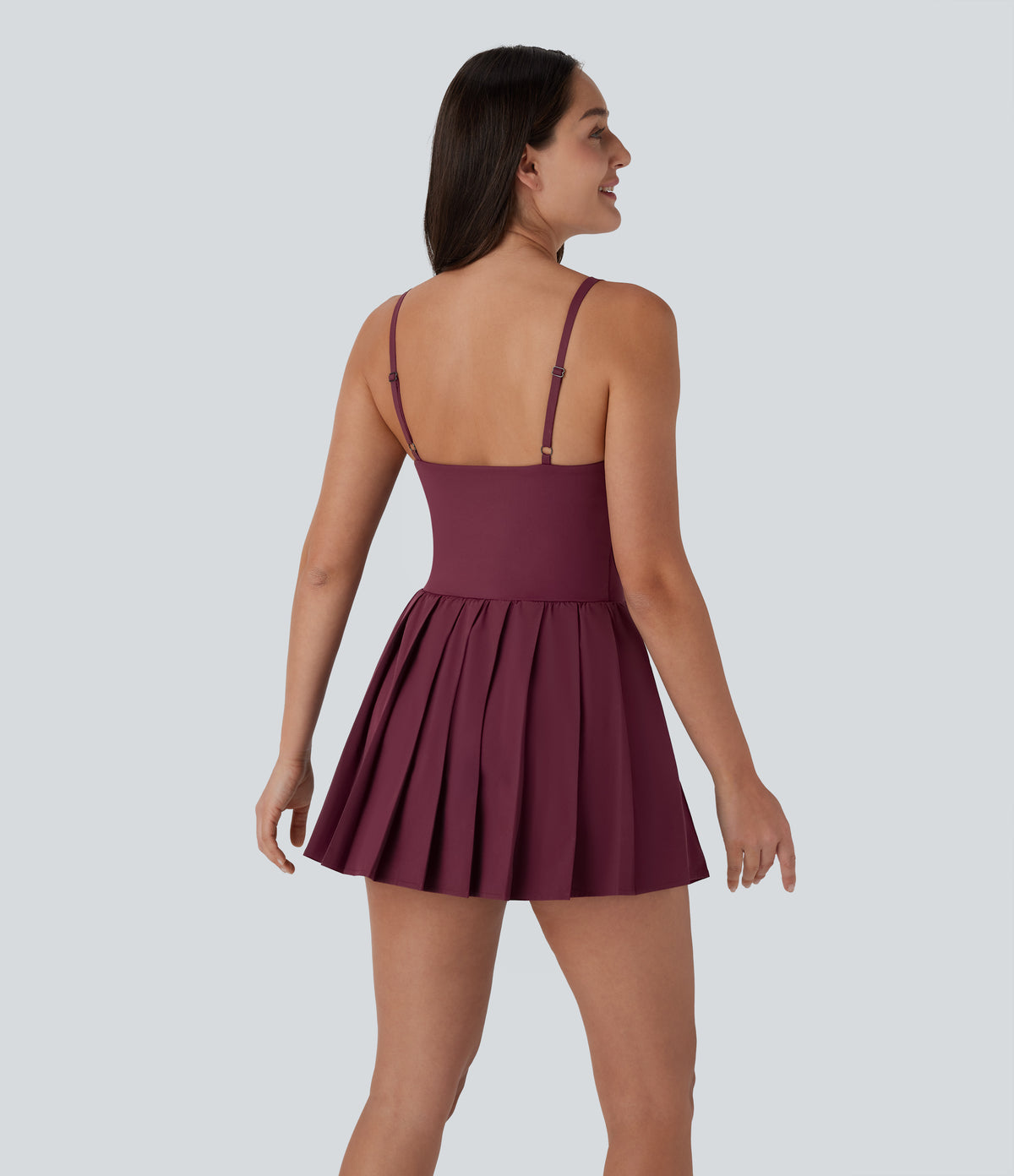 Pleated Adjustable Buckle 2-in-1 Side Pocket Micro Mini Quick Dry Casual Slip Dress — Amaranth — view 2