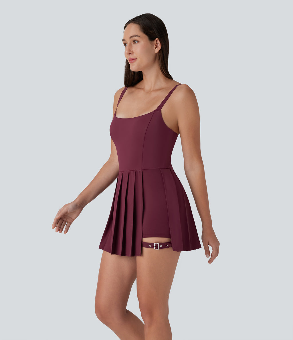 Pleated Adjustable Buckle 2-in-1 Side Pocket Micro Mini Quick Dry Casual Slip Dress — Amaranth — view 3