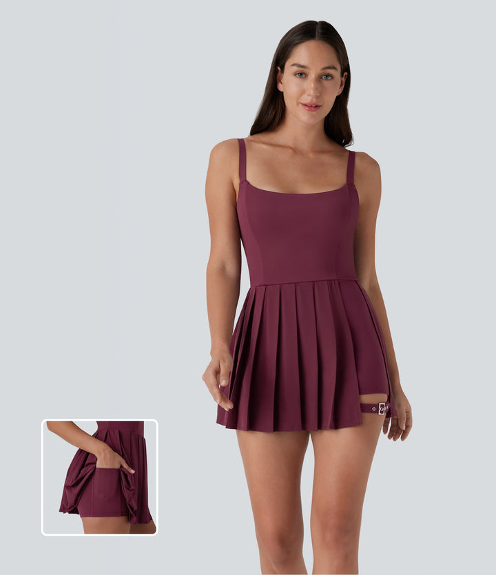 Pleated Adjustable Buckle 2-in-1 Side Pocket Micro Mini Quick Dry Casual Slip Dress — Amaranth — view 1
