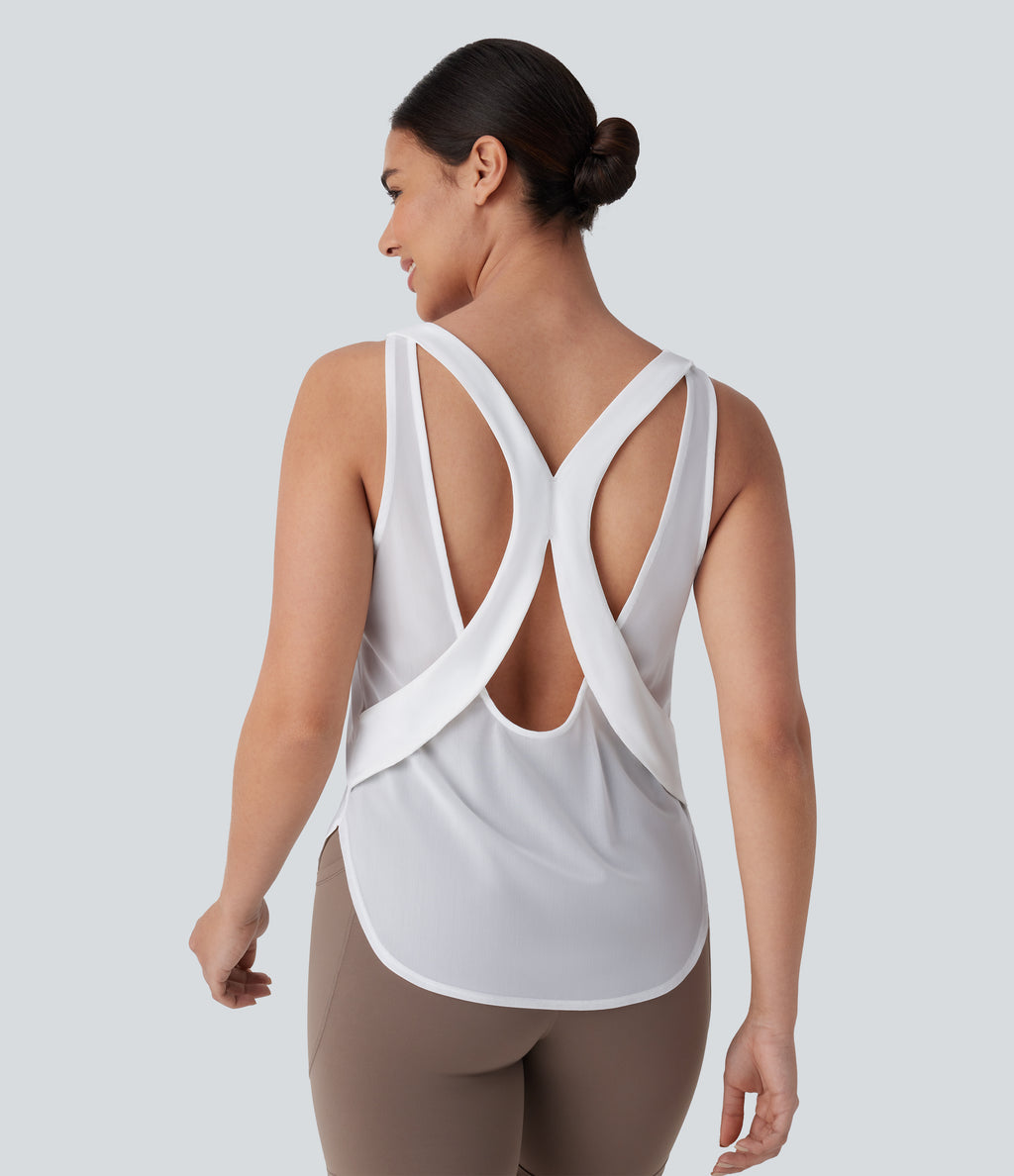 Backless Contrast Mesh Curved Hem Quick Dry Running Tank Vest Top — White — view 1