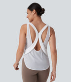 Backless Contrast Mesh Curved Hem Quick Dry Running Tank Vest Top — White — view 1