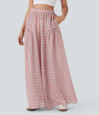 High Waisted Side Pocket Wide Leg Flowy Plaid Casual Trousers — Pink White Gradient Plaid — view 3
