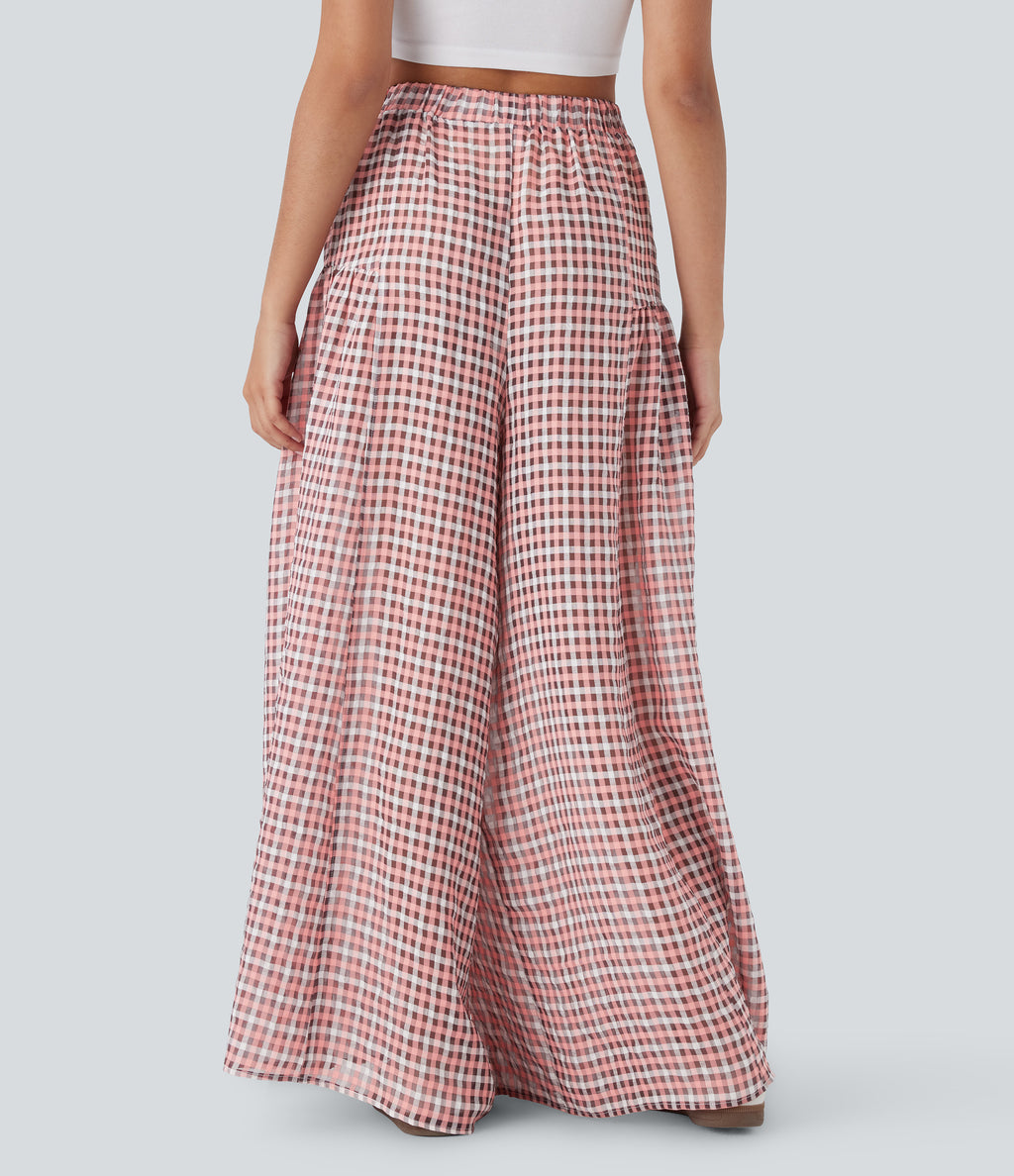 High Waisted Side Pocket Wide Leg Flowy Plaid Casual Trousers — Pink White Gradient Plaid — view 2