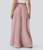 High Waisted Side Pocket Wide Leg Flowy Plaid Casual Trousers — Pink White Gradient Plaid — view 2