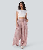 High Waisted Side Pocket Wide Leg Flowy Plaid Casual Trousers — Pink White Gradient Plaid — view 5