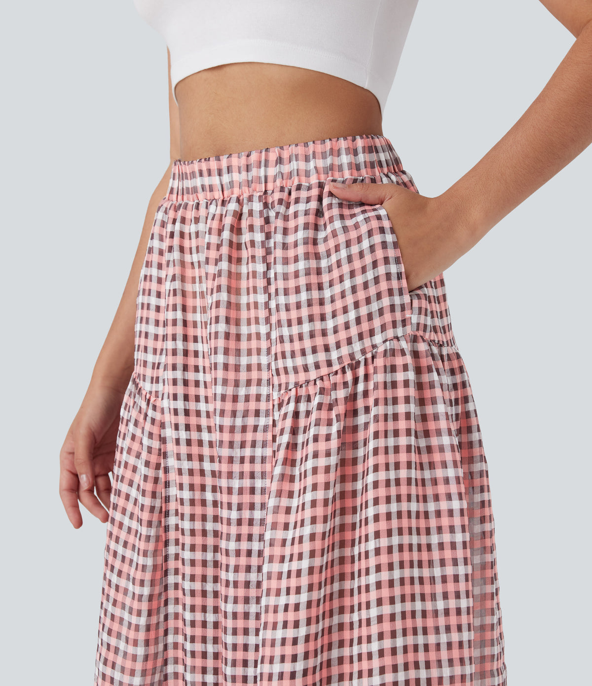 High Waisted Side Pocket Wide Leg Flowy Plaid Casual Trousers — Pink White Gradient Plaid — view 4