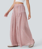 High Waisted Side Pocket Wide Leg Flowy Plaid Casual Trousers — Pink White Gradient Plaid — view 1