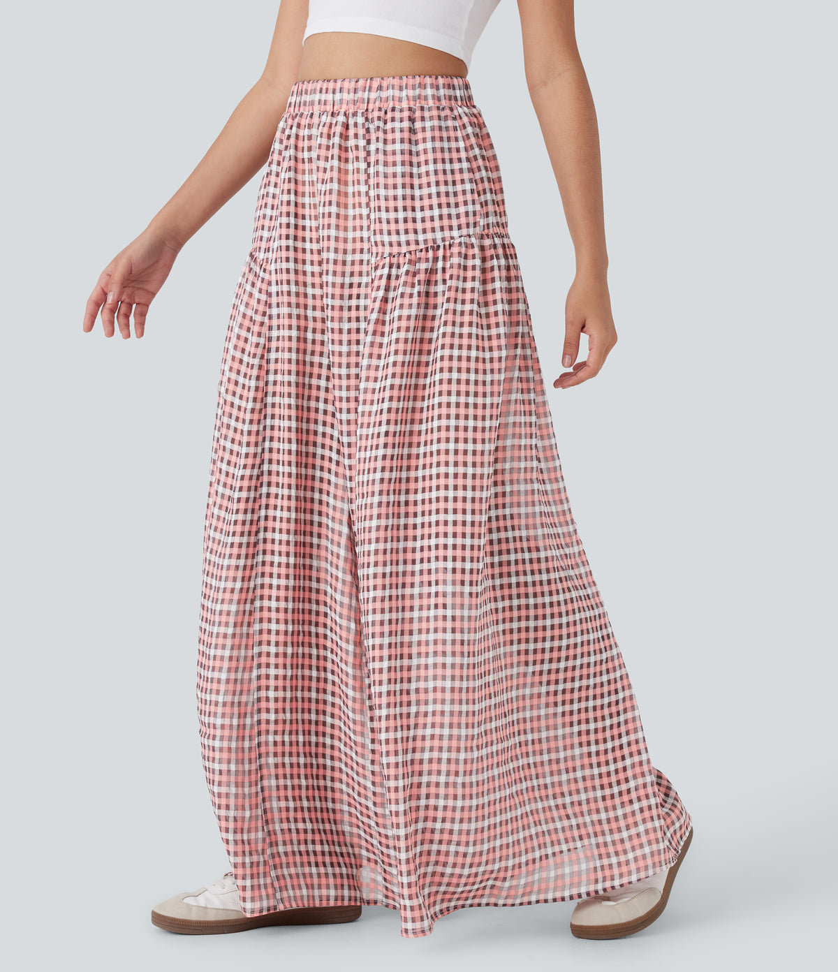High Waisted Side Pocket Wide Leg Flowy Plaid Casual Trousers — Pink White Gradient Plaid — view 1