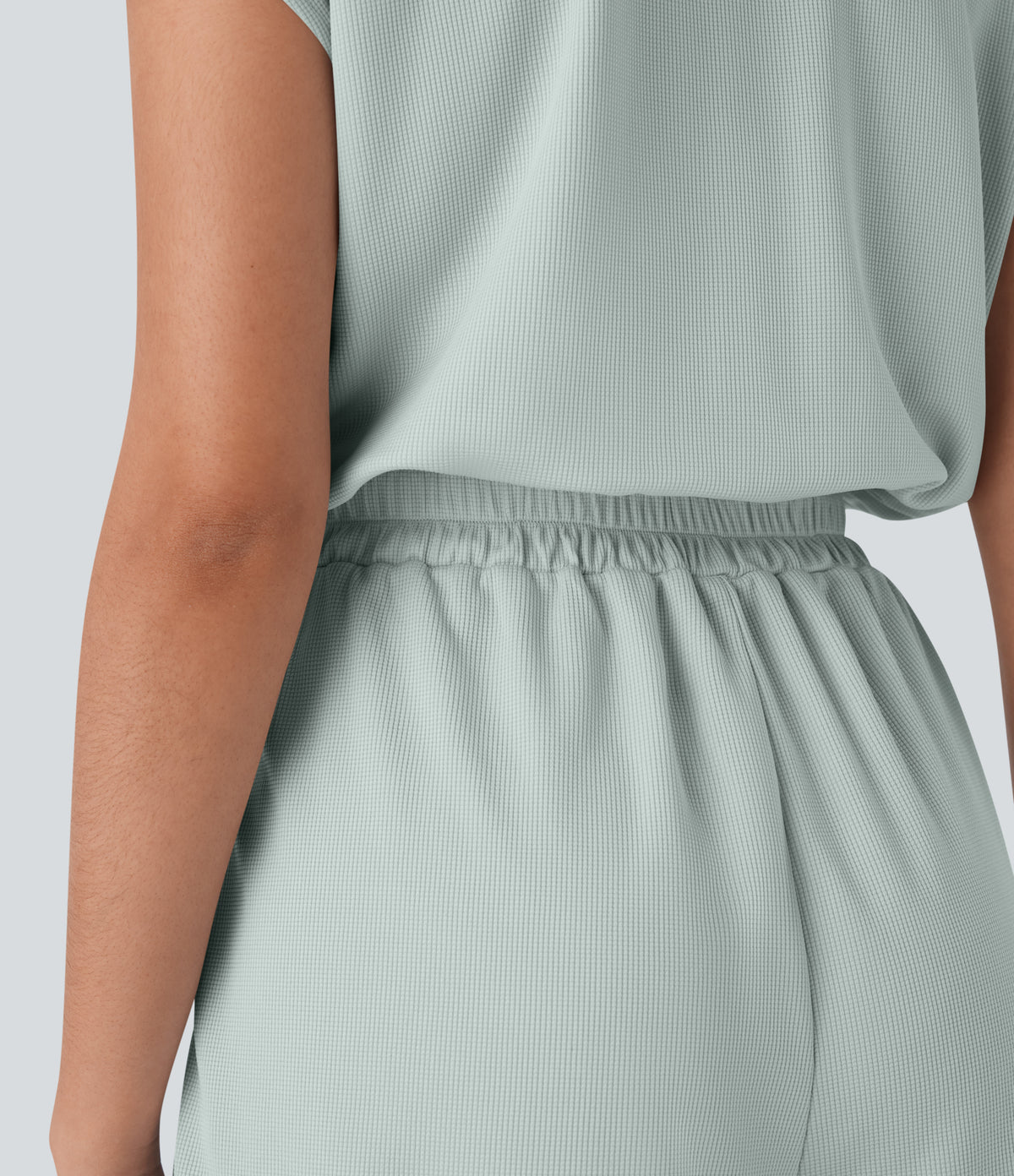 V Neck Short Sleeve Side Pocket Waffle Casual Playsuit-Edition — Frost Clear Haze — view 6