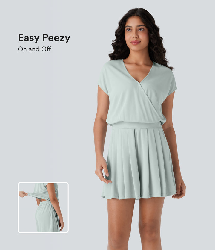 V Neck Short Sleeve Side Pocket Waffle Casual Playsuit-Edition — Frost Clear Haze — view 1