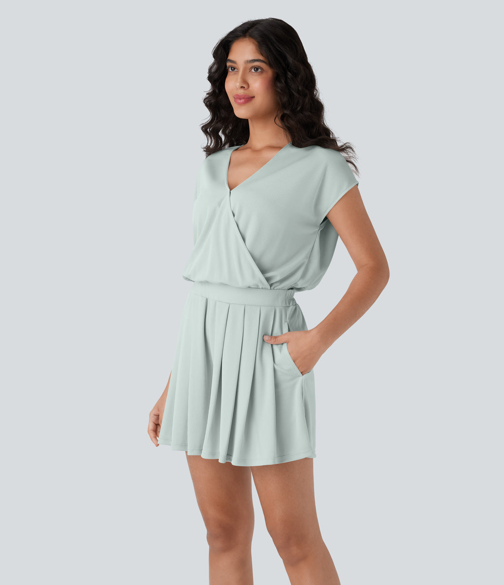V Neck Short Sleeve Side Pocket Waffle Casual Playsuit-Edition — Frost Clear Haze — view 3