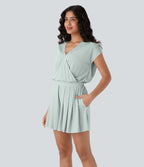 V Neck Short Sleeve Side Pocket Waffle Casual Playsuit-Edition — Frost Clear Haze — view 3