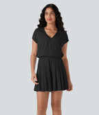 V Neck Short Sleeve Side Pocket Waffle Casual Playsuit-Edition — Black — view 9