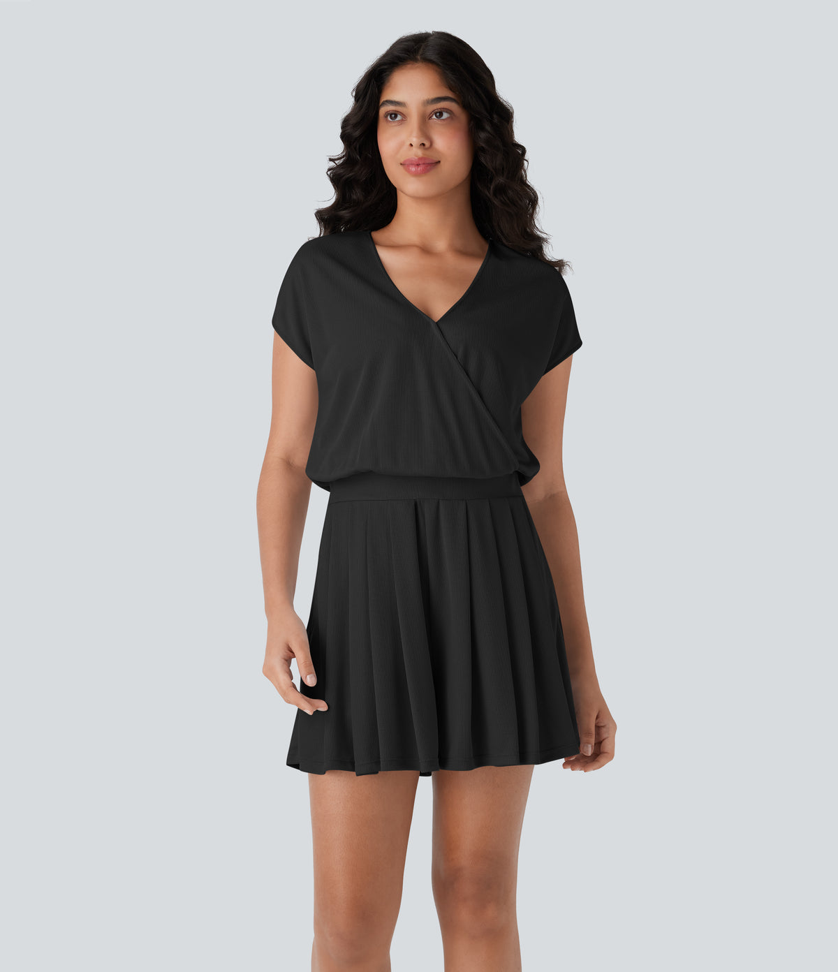 V Neck Short Sleeve Side Pocket Waffle Casual Playsuit-Edition — Black — view 9