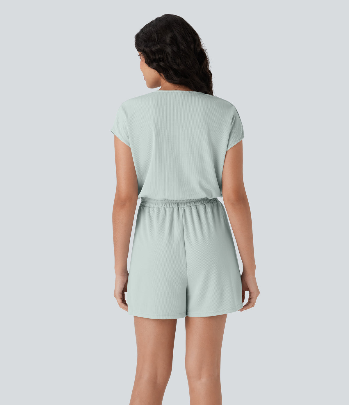 V Neck Short Sleeve Side Pocket Waffle Casual Playsuit-Edition — Frost Clear Haze — view 2