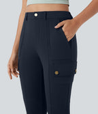 High Waisted Zipper Pockets Solid Skinny Pedal Pusher Casual Cargo Trousers — Midnight Blue — view 5