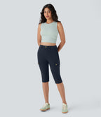 High Waisted Zipper Pockets Solid Skinny Pedal Pusher Casual Cargo Trousers — Midnight Blue — view 8