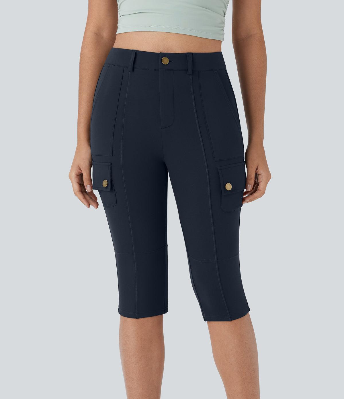 High Waisted Zipper Pockets Solid Skinny Pedal Pusher Casual Cargo Trousers — Midnight Blue — view 3