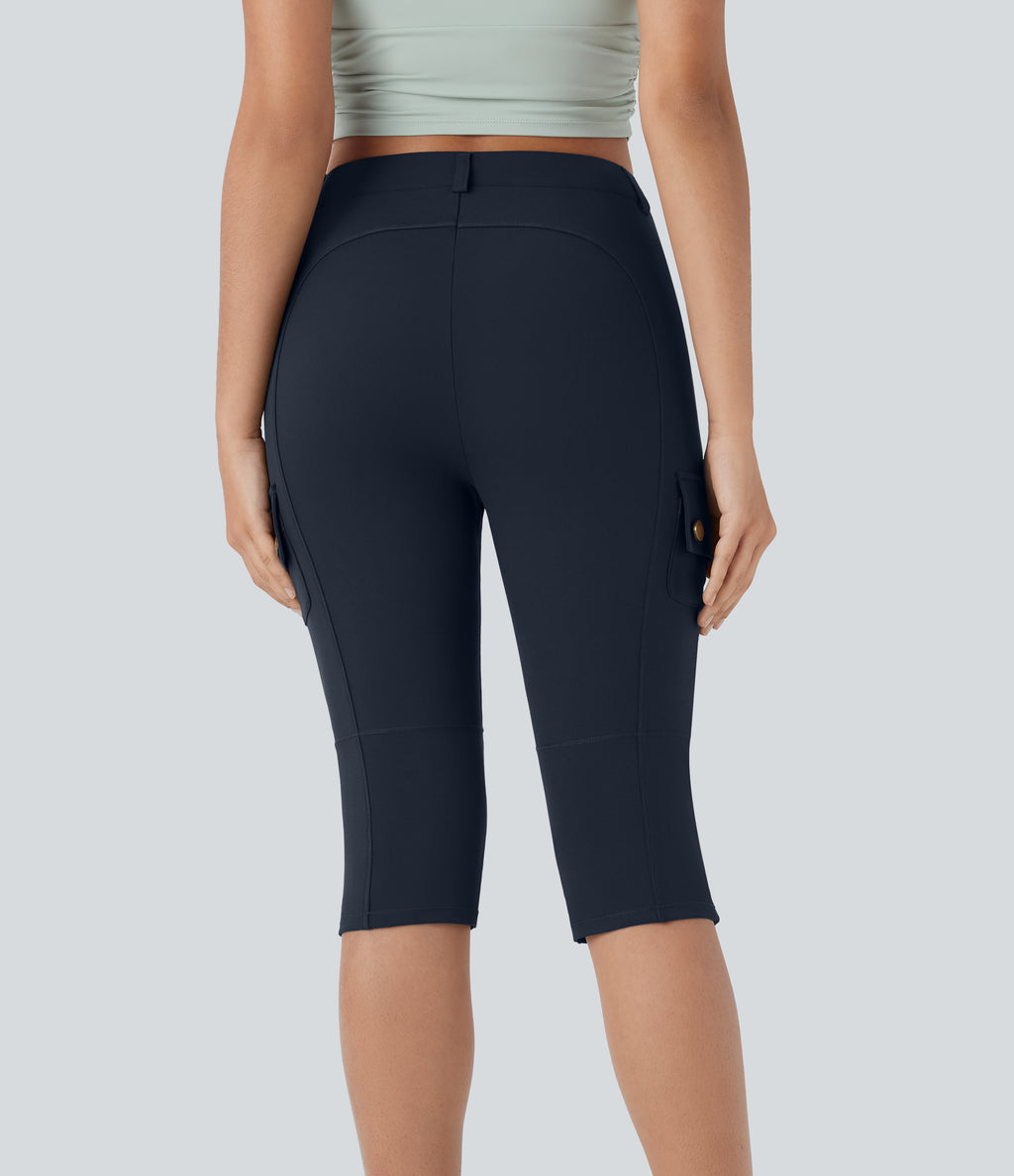 High Waisted Zipper Pockets Solid Skinny Pedal Pusher Casual Cargo Trousers — Midnight Blue — view 2
