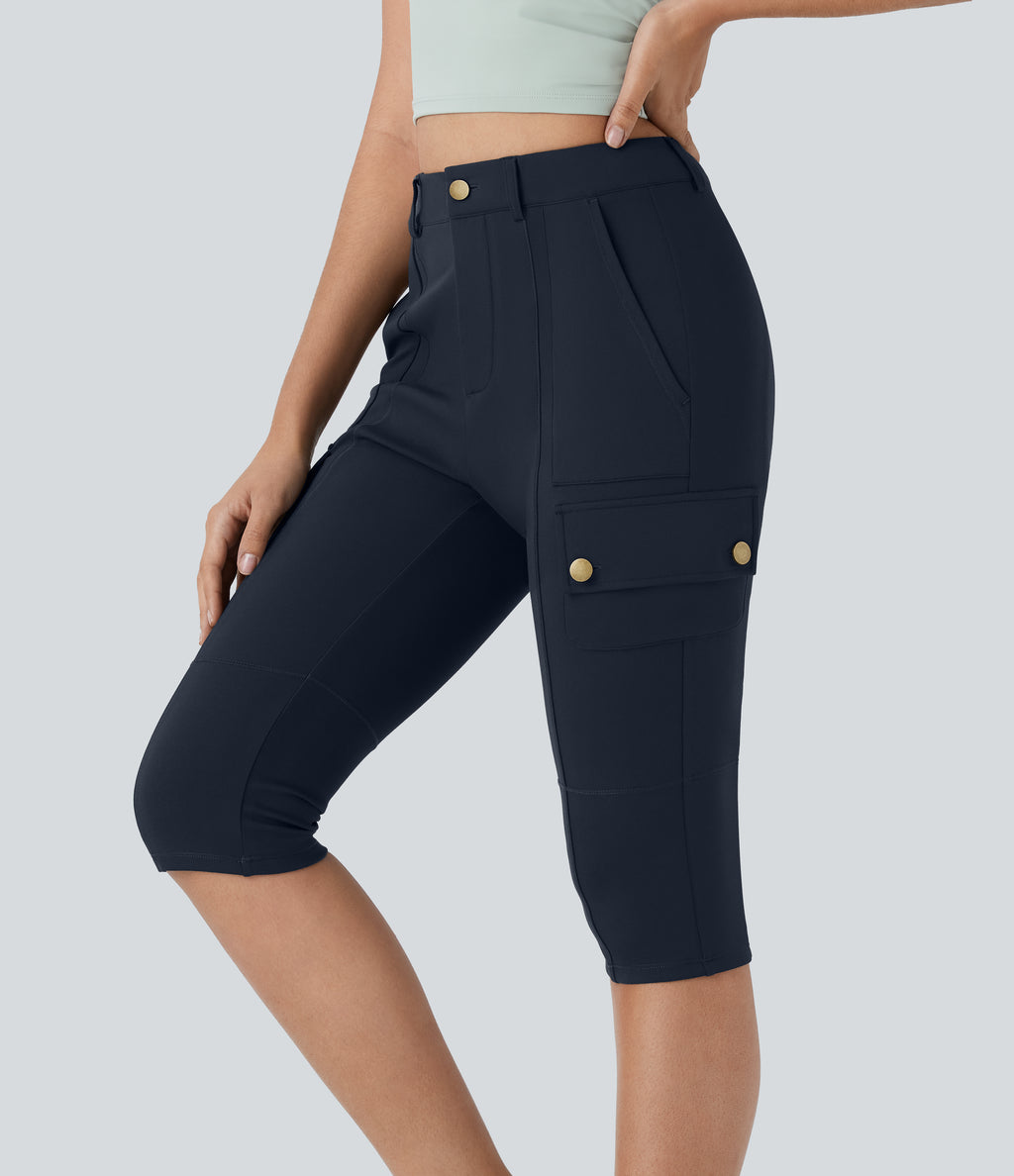 High Waisted Zipper Pockets Solid Skinny Pedal Pusher Casual Cargo Trousers — Midnight Blue — view 1