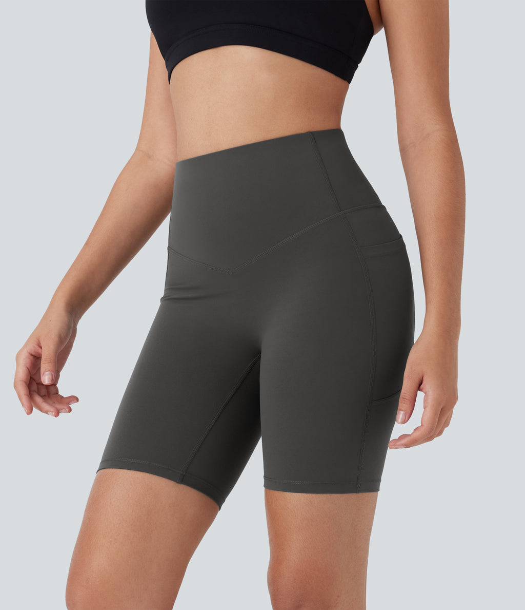 High Waisted Butt Lifting Tummy Control Pocket Shaping Training Biker Shorts 7'' — Volcanic Ash — view 6