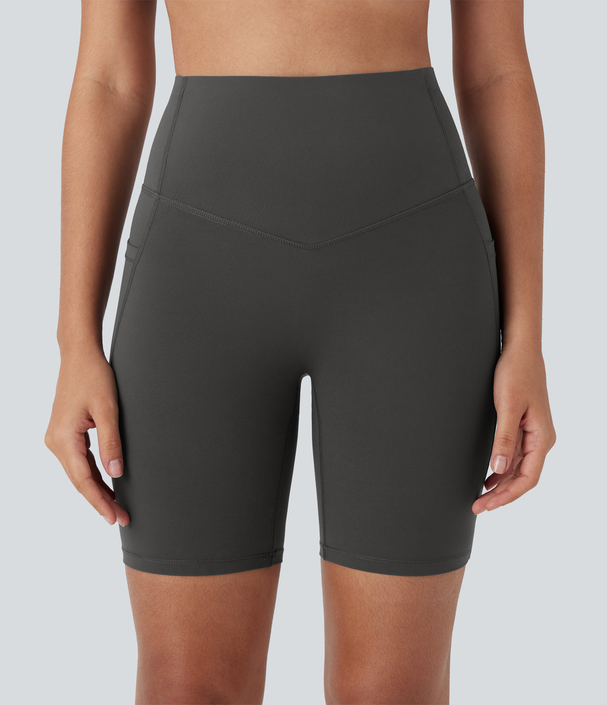 High Waisted Butt Lifting Tummy Control Pocket Shaping Training Biker Shorts 7'' — Volcanic Ash — view 8