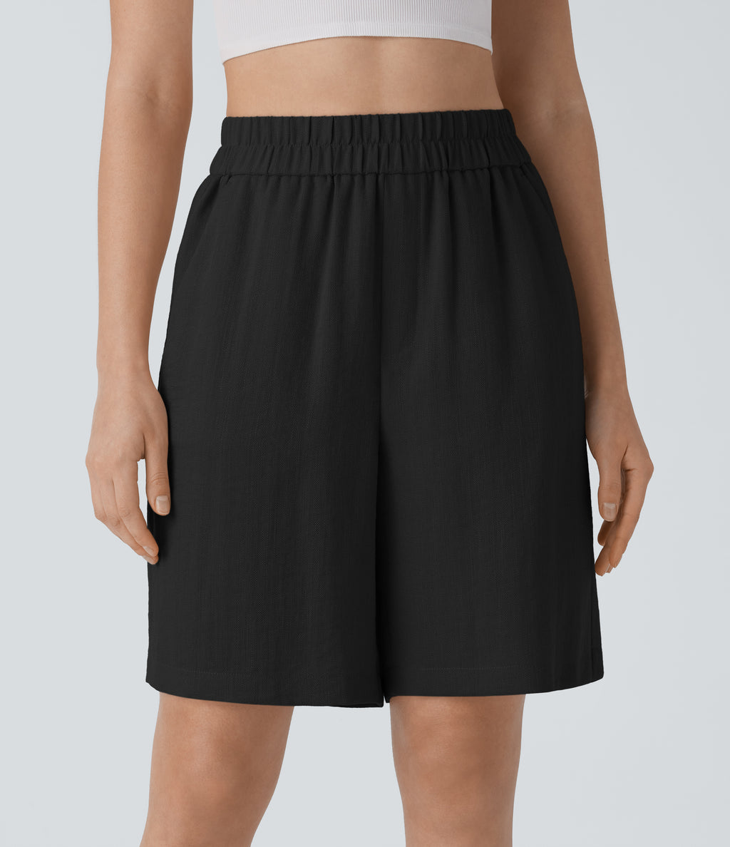 High Waisted Pocket Casual Linen-Feel Bermuda Shorts — Black — view 6