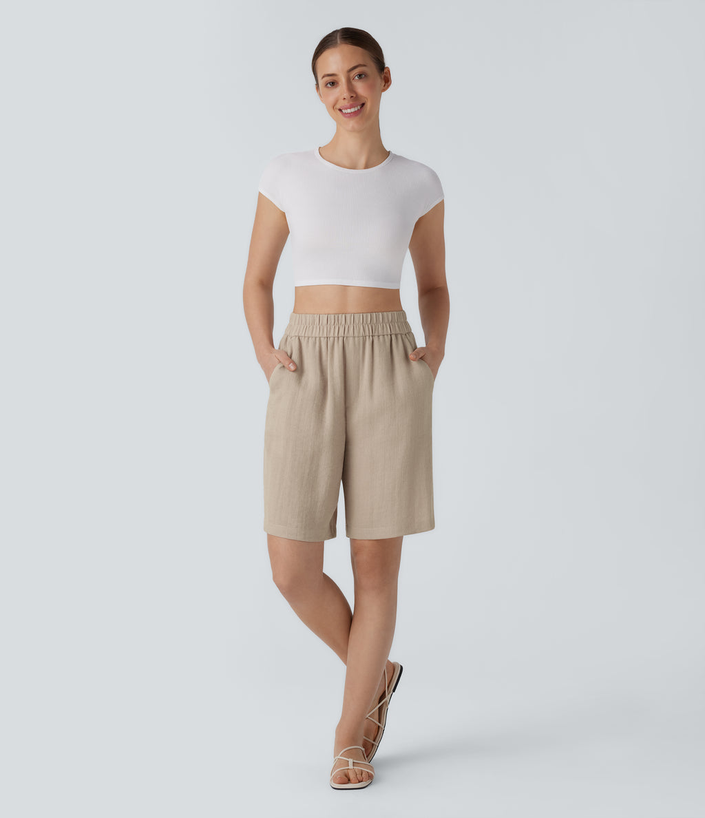 High Waisted Pocket Casual Linen-Feel Bermuda Shorts — Whisper White — view 5