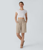 High Waisted Pocket Casual Linen-Feel Bermuda Shorts — Whisper White — view 5