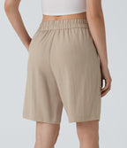 High Waisted Pocket Casual Linen-Feel Bermuda Shorts — Whisper White — view 2