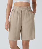 High Waisted Pocket Casual Linen-Feel Bermuda Shorts — Whisper White — view 1