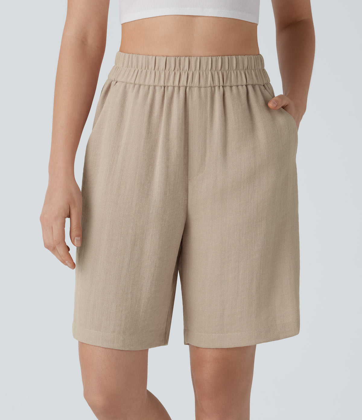 High Waisted Pocket Casual Linen-Feel Bermuda Shorts — Whisper White — view 1