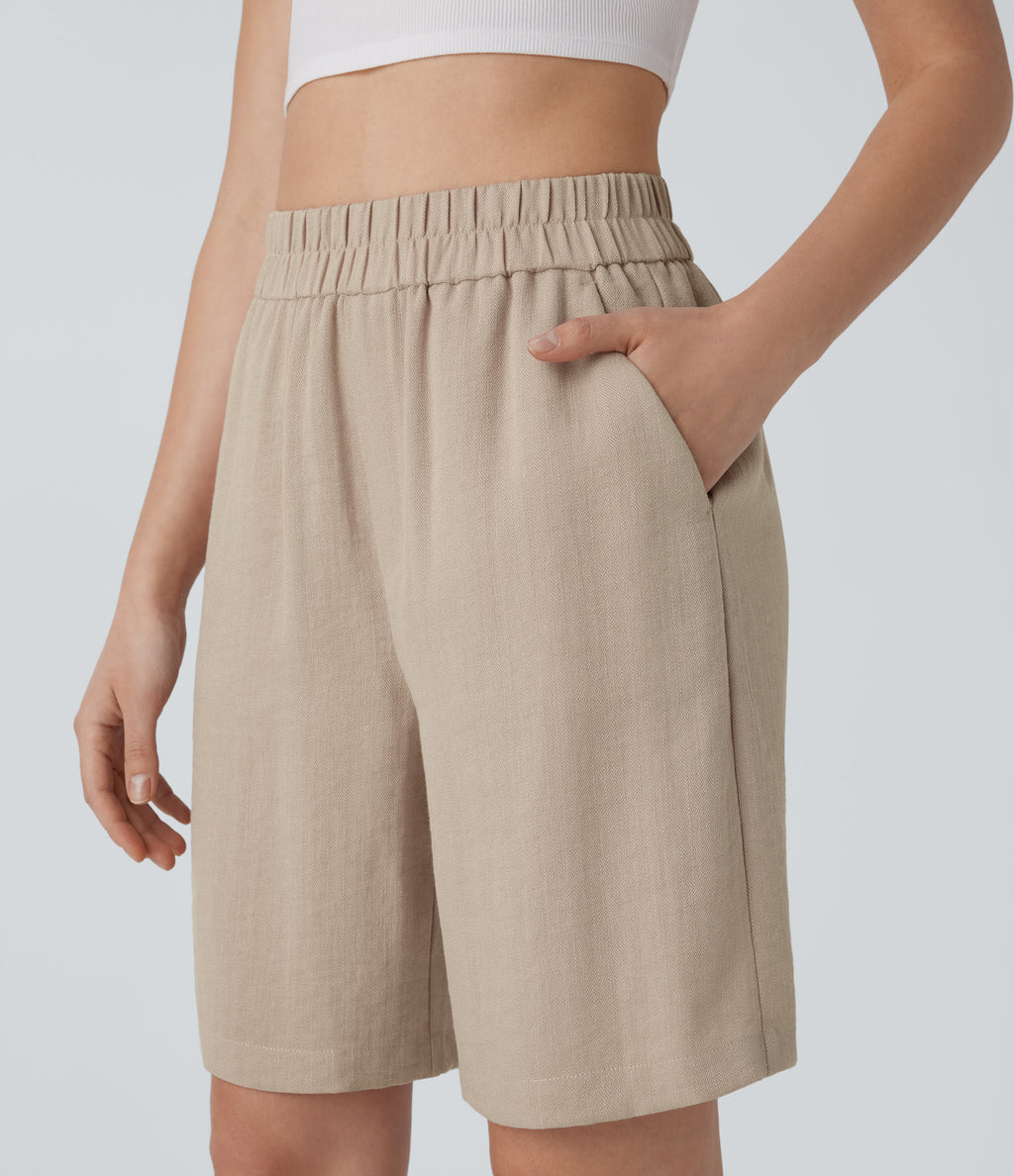 High Waisted Pocket Casual Linen-Feel Bermuda Shorts — Whisper White — view 4