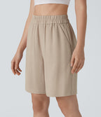 High Waisted Pocket Casual Linen-Feel Bermuda Shorts — Whisper White — view 3