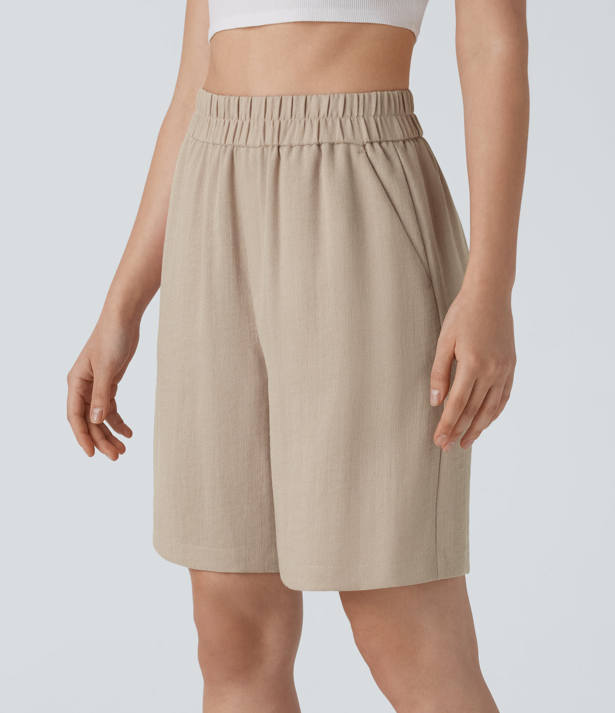 High Waisted Pocket Casual Linen-Feel Bermuda Shorts — Whisper White — view 3