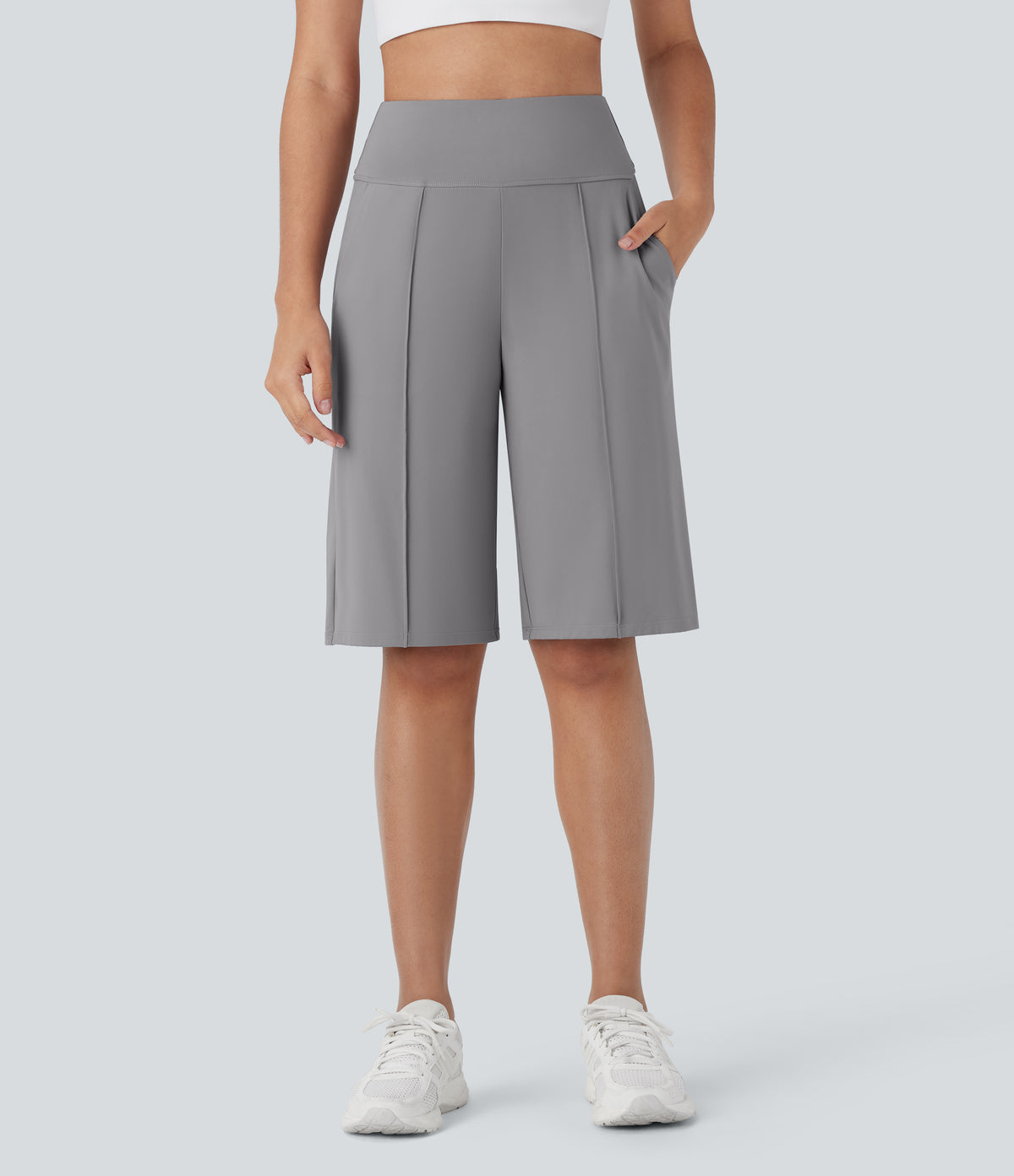 Airy High Waisted Pocket Straight Leg Cool Touch Workout Bermuda Shorts — Gull — view 1