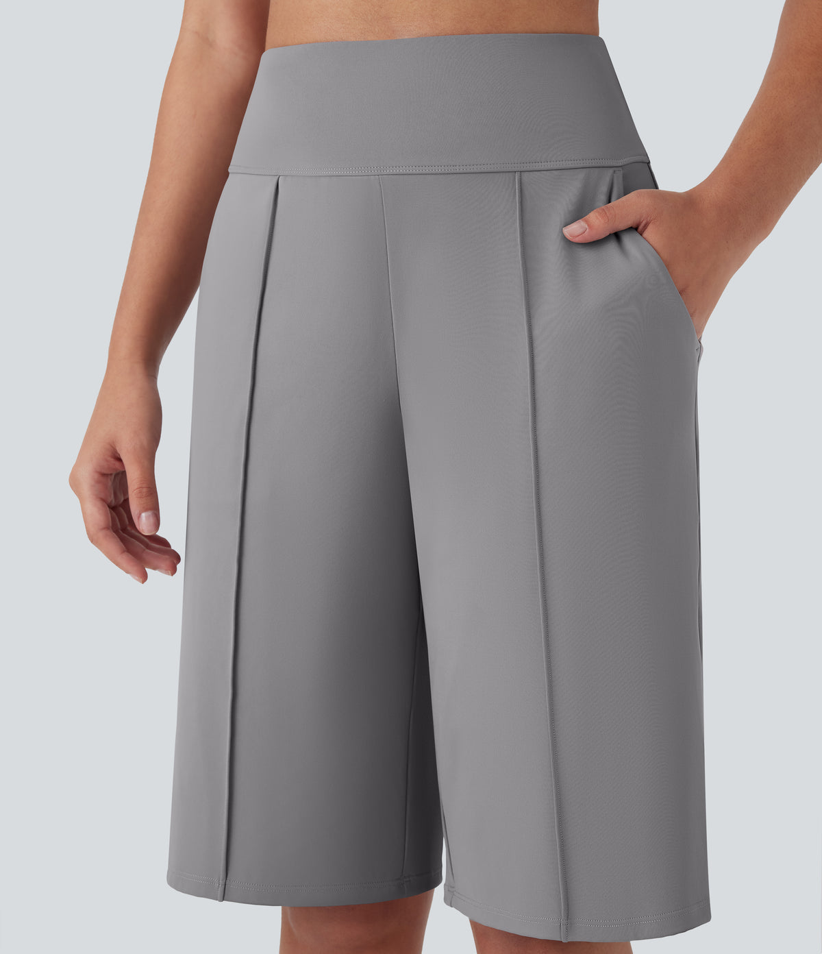 Airy High Waisted Pocket Straight Leg Cool Touch Workout Bermuda Shorts — Gull — view 5