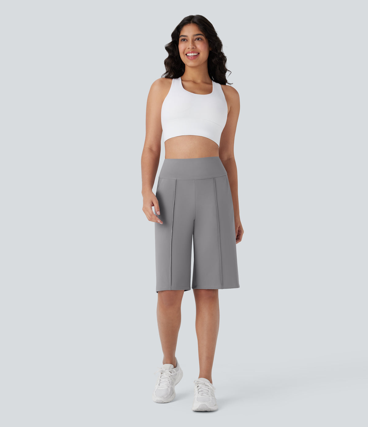 Airy High Waisted Pocket Straight Leg Cool Touch Workout Bermuda Shorts — Gull — view 6
