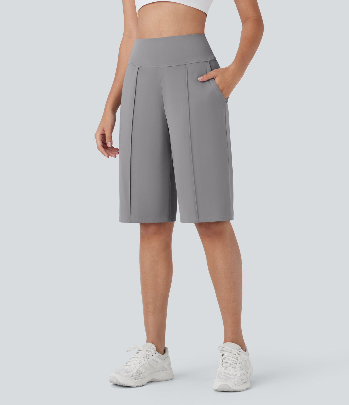 Airy High Waisted Pocket Straight Leg Cool Touch Workout Bermuda Shorts — Gull — view 3