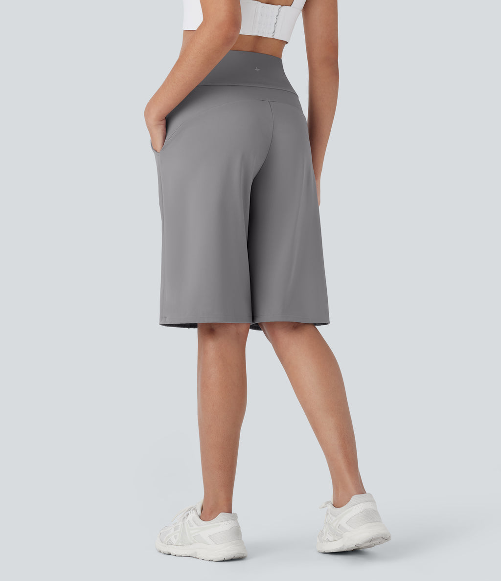 Airy High Waisted Pocket Straight Leg Cool Touch Workout Bermuda Shorts — Gull — view 2
