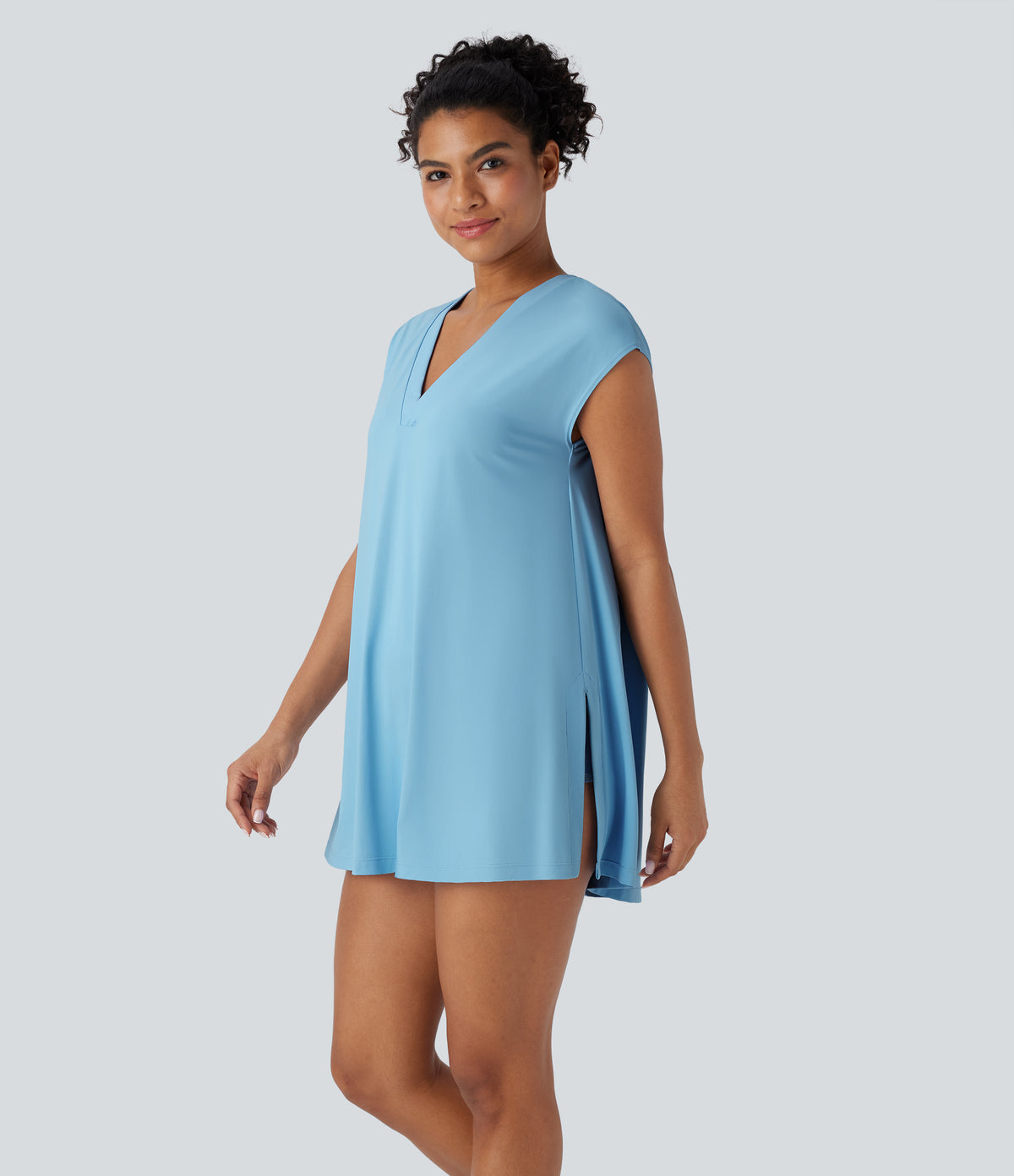 V Neck Split Casual Cover Up-UPF50+ — Sky Blue — view 3